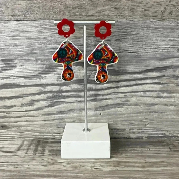 Mushroom Colorful Flower Stud Dangle Earring - Picture 2 of 7